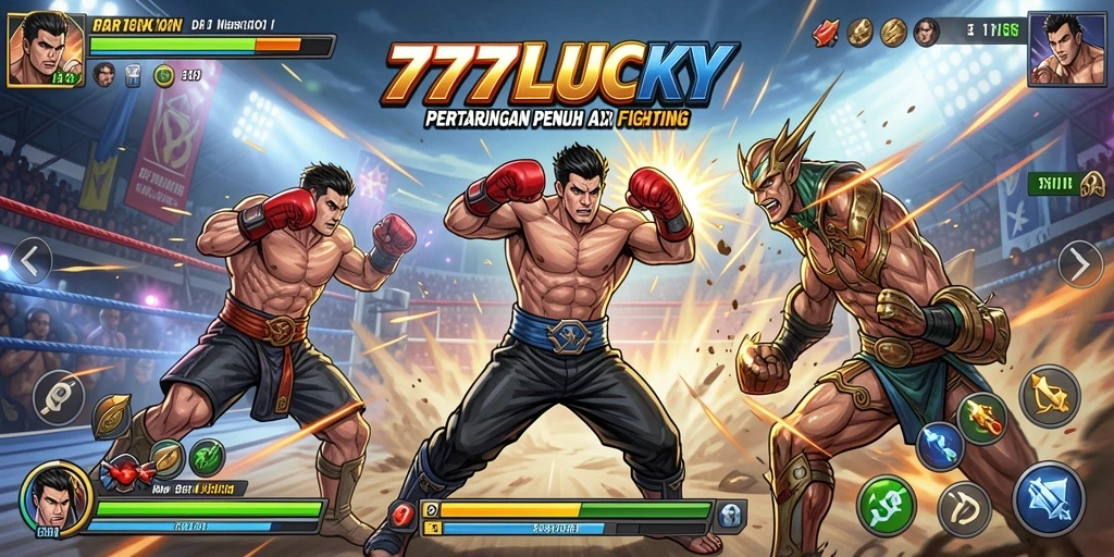 Tangkapan layar utama 777LUCKY menampilkan pertarungan epik antara karakter dengan aksi yang dramatis.