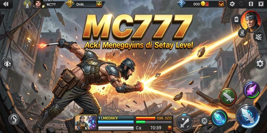 Screenshot utama MC777 menunjukkan aksi seru karakter dalam pertempuran.