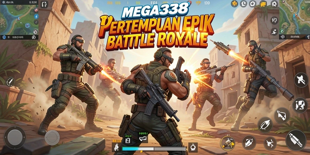 Tangkapan layar utama MEGA338 menampilkan aksi seru di pertempuran Battle Royale.
