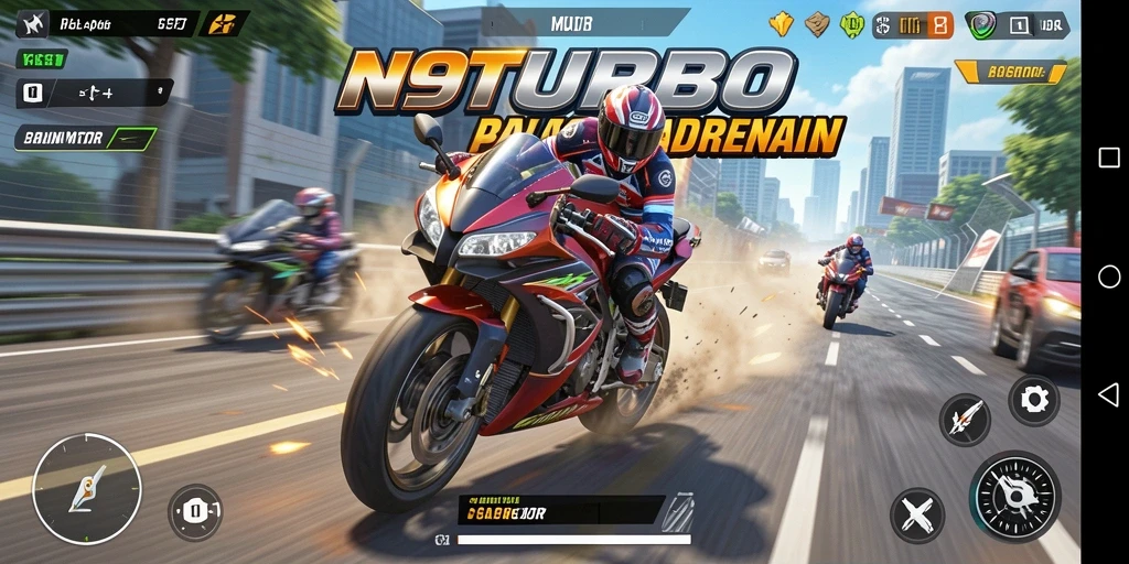 Tampilan gameplay N9TURBO yang mendebarkan di lintasan balap.